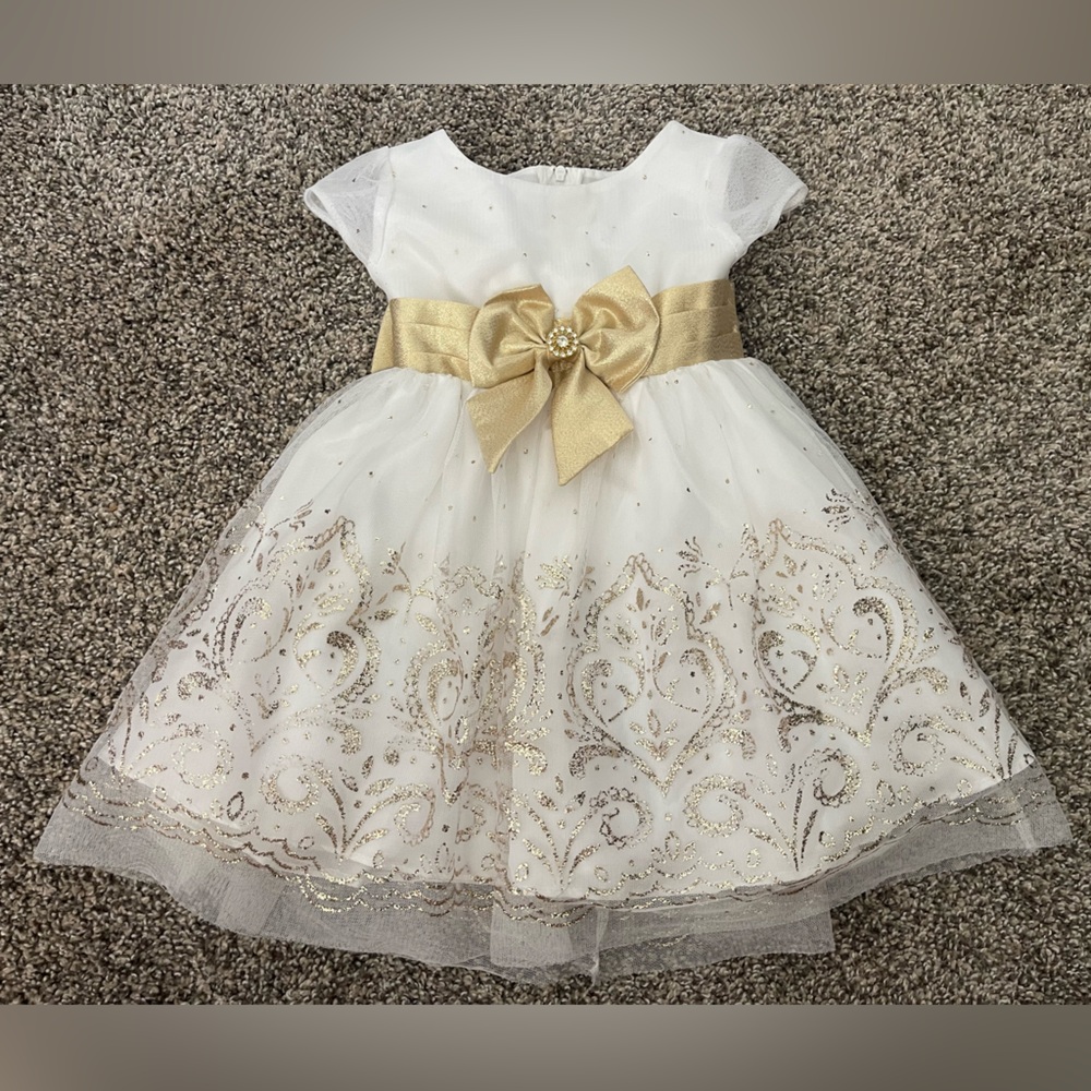 Toddler Girl’s Rare Editions White & Gold Glitter Christmas Holiday Dress Sz 2T